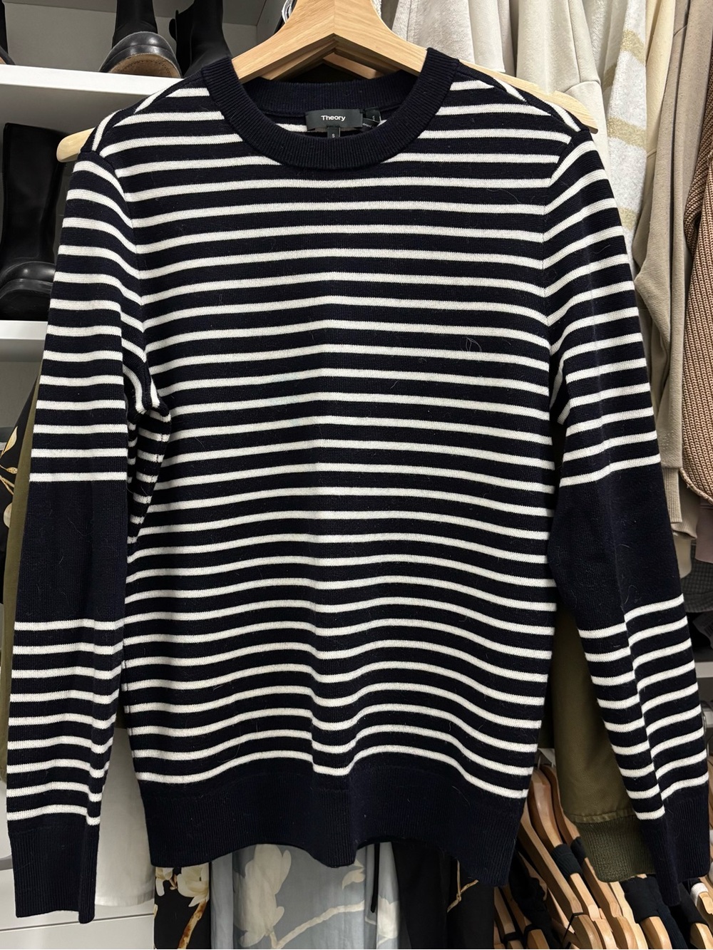Theory Navy and White Striped Crewneck Sweater